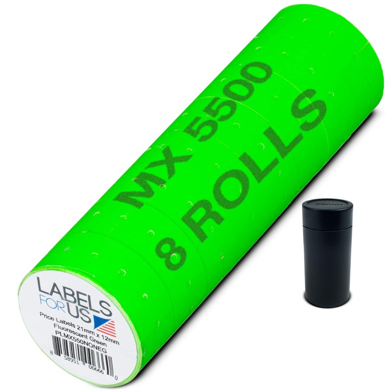 Labels for Us MX 5500 Labels - 8,000 Total - Green - Price Labels - Pack of 8 Rolls - Ink Roller Included - Image 1
